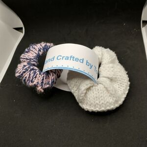 Hand Crafted Knit Scrunchies Pink White Jumbo Hair Band Accessory Set of 2